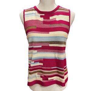 ST. JOHN Sleeveless Sweater Top Fuchsia Pink Stripes Blocks Size Small